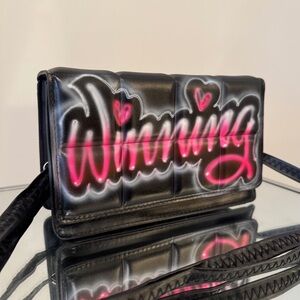 WINNING Quilted Airbrush Graffiti Shoulder Bag Crossbody Purse Genuine Le…